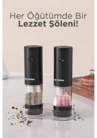 Resim Torima Kymq-44b-bs Siyah Pilli Işıklı Otomatik Yeni Nesil Tuz Karabiber Değirmeni Baharat Öğütücü 
