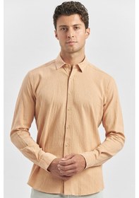 Resim İmza Turuncu Uzun Kollu Gofreli Biyeli %100 Pamuk Casual Slim Fit Dar Kesim Gömlek 1004240247 Turuncu 