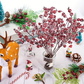 Resim 8 Adet Buzlu Kırmızı Yapay Meyve Sapları ve Karlı Beyaz Meyveler - Ağaç, Çelenk, Süsleme, DIY El İşleri, Ev & Düğün Parti Dekorasyonu için Noel Dekoru 