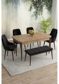 Resim Meri Serisi 80x132 Açılabilir Mdf Meşe Masa Takımı 4 Krem Sandalye 1 Bench Kahve Ayak Siyah 