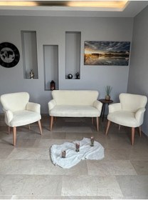 Resim Azra Mobilya Azra Aksesuar Çay Seti Oturma Grubu, Puffy Kumaş Koltuk Takımı, Ahşap Ayak, Balkon Bahçe Mobilyası Krem 