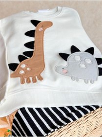 Resim Lolliboomkids Kız Çocuk 3d Boyutlu Dikenli Dinozor Nakışlı Desenli Kışlık Pamuklu Sweatshirt Tayt Alt-üst Takım Gri Ekru Gri - Ekru 
