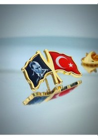 Resim Yörük Tasarım Türk Bayrağı & Atatürk Altın Kaplama Mineli Döküm Yaka Rozeti 