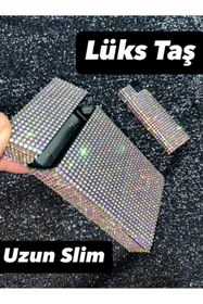 Resim Lüks Taş Taşlı Sigara Kutusu Ve Çakmak Pembe Janjan Renkli Uzun Slim 