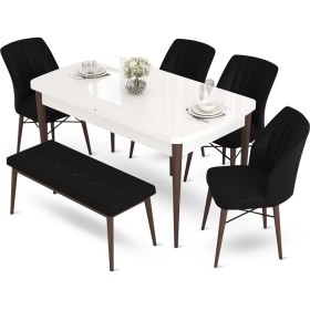 Resim Canisa Concept Aya Serisi 80 x 132 cm Beyaz Masa Ceviz Ayak Mutfak Masa Takımı 4 Sandalye 1 Bench 
