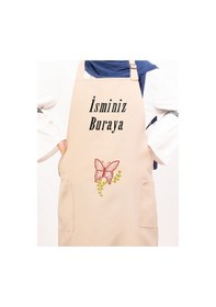 Resim Mutfak Önlüğü Kişiye Ve İsme Özel Nakışlı Mutfak Önlüğü Kelebek01 Farklı Renkler Krem 