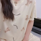 Resim Yaz Büyük Beden Sevimli Ayı Desenli Pijama Takımı, Kadınların Rahat Yuvarlak Boyunlu Ev Giyim Takımı 
