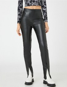 Resim Koton Deri Görünümlü Tayt Paçaları Yırtmaç Detaylı Nervürlü Siyah 3wal40088ık Siyah SiYAH 