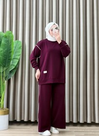 Resim Hürrem ROZA TAKIM Kristal Kumaş Bordo Kadın Oversize Kesim Pantolonlu Tesettür Alt Üst 2'li Takım 
