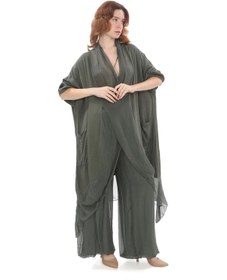 Resim Bohem Stil Italyan Ipek Detaylı Oversize Kap Bluz- Wes Pantolon Takım-8789 Haki 