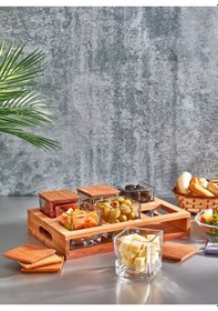 Resim 6 Lı Ahşap Standlı Kapaklı Lüx Cam Kahvaltılık - Çerezlik -baharatlık Takımı - Kahvaltı Sunum Seti Ahşap - Şeffaf 