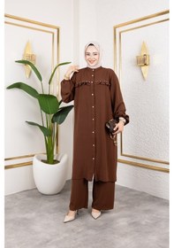 Resim Nevayla Moda Ayrobin Kumaş İnci Detaylı Takım / T105 - Kahverengi Kahverengi 
