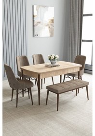Resim Jusie Meşe Desen 80x132 Açılabilir Yemek Odası Takımı 4 Sandalye, 1 Bench Cappucino 