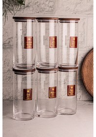 Resim Snippy Story - 6'lı Etiketli Cam Jumbo Saklama Kabı Baharatlık Takımı 1150 Ml - Erzak Saklama Kabı Seti Ahşap 