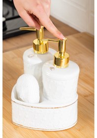 Resim Porsima 3117 Gold Kapaklı Porselen Süngerli 2li Sıvı Sabunluk Beyaz 350+350 Ml Açık Gri - Beyaz 