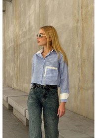Resim Mavi-beyaz Manşet Ve Cepleri Garnili Çizgili Oversize Crop Dokuma Gömlek Bc231036 Çok Renkli 