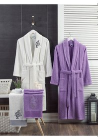 Resim Lavanta Beyaz Havlulu Bornoz Seti 4'lü Lavanta - Beyaz 