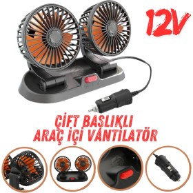 Resim Araç Içi Vantilatör 360° Dönebilen Torpido Üstü Çift Başlıklı Vantilatör 12V Uyumlu Çakmaklık Girişli Soğutucu Fan 
