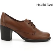 Resim Kadın Taba Bağcıklı Orta Kalın Topuklu Hakiki Deri Oxford Ayakkabı 