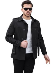 Resim Mero Life Erkek Siyah Mevsimlik Astarlı Kemerli Kruvaze Trençkot Siyah 