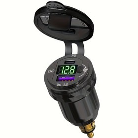 Resim QC3.0 USB-C Motosiklet Şarj Cihazı, LED Voltmetre ve Düğme Anahtarı ile - 12V-24V Uyumlu, 4.5A PD Hızlı Şarj for bmw Ducati Triumph Hella DIN Soketleri için, Dayanıklı Motosiklet Şarj Aksesuarı, Motosiklet Şarj Cihazı, Şık Silindirik Tasarım, Yüksek Kaliteli Elektronik, Pilsiz 