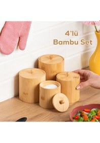 Resim Porsima 4361 Bambu Çok Amaçlı Saklama Kabı Organizer 4lü Baharat Seti Bambu 