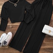 Resim Kadın Y2K Günlük Şık Siyah Yüksek Yaka Crop Top & Yüksek Bel Geniş Paça Pantolon Takımı - 2'li, Uzun Kollu, Düz Renk, Tüm Sezon, Günlük Giyim|Y2K Moda|Bükümlü Detay 