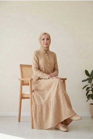 Resim PORİENTO Bej Rengi Kadın %100 Pamuk Müslin Kumaş Elbise Düğmeli Gömlek Yaka Uzun Tesettür Elbise Terletmez Yazlık 