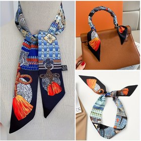 Resim Zırh Desenli ve Çiçek Baskılı Bohem Çift Katmanlı Uzun Kurdele Eşarp - Kadınlar için Hafif Her Mevsim Kullanıma Uygun Moda Aksesuarı, Elde Yıkanabilir Lacivert/Turuncu/Beyaz/Siyah Renklerde, Günlük Giyim İçin İpek Gibi Dokulu 