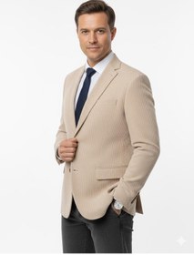 Resim Plus Scorpion Erkek Bej Slim Fit Blazer Ceket - Çizgili Dokulu Kumaş - Çift Düğmeli 