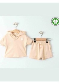 Resim Bebek Organik Pamuklu Basic Kapüşonlu Tshirt Şortlu Takım-15908 Bej 