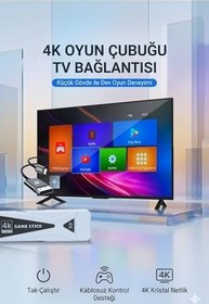 Resim 4k Android TV Wifi Kablosuz Çift Kol Retro Oyunlar Game Stick 64gb Hafıza 10000 Oyun Atari 