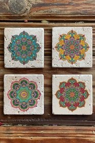 Resim Oscar Stone Decor Baskılı Doğaltaş Bardak Altlığı 4'Lü Set Desen Tile 4Dsn-360 