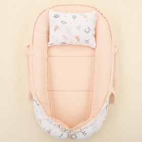 Resim Babynest ve Yastık - Çift Taraflı - Somon Örgü - Yeşil Çiçekler 