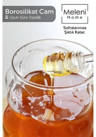 Resim Kaşıklı Borosilikat Cam Bal Kavanozu - Kapaklı Boncuk Şekilli Reçellik Bal Reçel Kavanozu 400ml Şeffaf 