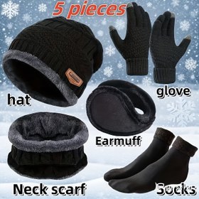 Resim Kışlık Sıcaklık Seti - 5 Parça: Şapka, Kalın Atkı, Dayanıklı Eldivenler, 2 Katlı Kulaklık ve Kar Çorapları. Bisiklet, Balıkçılık, Koşu, Yürüyüş, İşe Gidiş, Kayak için Uygun 