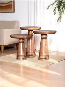 Resim ASELYA HOME Doğal Ahşap 3’lü Set Mantar Yan Sehpa Modern Fiskos Zigon Çiçeklik 