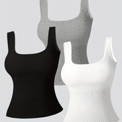 Resim Orta Doğu için Hedeflenen Gelişim İlkbahar, Yaz, Sonbahar, Kış 3 Parça Set Büyük U-Back Tank Top Kadınlar Çıkarılabilir Dolgulu Düz Renk Katmanlı Yelek 