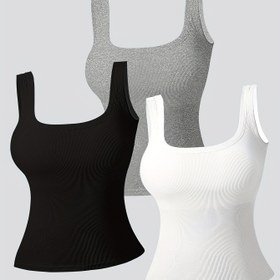 Resim Orta Doğu için Hedeflenen Gelişim İlkbahar, Yaz, Sonbahar, Kış 3 Parça Set Büyük U-Back Tank Top Kadınlar Çıkarılabilir Dolgulu Düz Renk Katmanlı Yelek 
