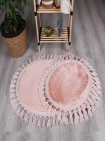 Resim My Evilla Modern Simirna Dekoratif Peluş Oval Ponpon Saçaklı Klozet Takımı Pembe 