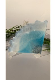 Resim Deniz Mavi Tonlu Siyah Simli Üçgen Dalgalı Epoksi Bardak Altlığı Okyanus Mavisi 