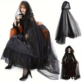 Resim 1 Adet Gotik Şık Çift Katmanlı Şeffaf Fileli ve Tam Kapsamlı Pelerin - Halloween, Cosplay, Temalı Partiler için Zarif Akıcı Siyah/Beyaz Cadı Vampir Mantosu (Yıkanamaz, Sadece Lekeli Yerler Temizlenir) - Kadınlar İçin Retro Tarzı Şık Pelerin, Vintage Stil, Yıkanamayan Kumaş, Halloween Tutkunları, Cosplay Severler 