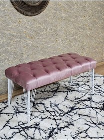 Resim Zafir Beyaz Boyalı Tel Ayaklı 90 Cm Puf Bench - Puf - Bench - Kasalı Oturak - Oturak - Yatak Ucu Puf Pembe 