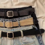 Resim Popüler Esnek Dokuma Unisex Denim Pantolon Erkeklerin Rahat Kemer ve Kadınların Kare Tokalı Kemer ile. 