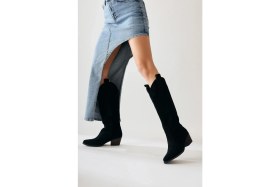 Resim Limoya Lhena Siyah Süet Western Çekme Çizme 6 Cm Topuklu Şık Tasarım Kadın Ayakkabı 