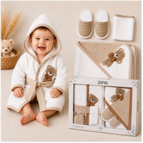 Resim Unisex Bebek Bornoz Seti %100 Pamuk Nakışlı Yenidoğan Banyo Havlu Seti 0-1 Yaş Kutulu Hediyelik 4 Parça 0 - 12 Ay 