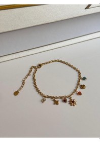 Resim Renkli Taşlı Çiçek Kalp Figürlü Altın Renk Charm Kadın Halhal Altın 