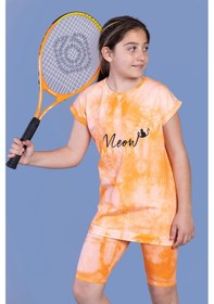 Resim Toontoy Kids Toontoy Kız Çocuk 2'li Takım Baskılı Bisiklet Yaka T-shirt & Basic Düz Crop Tayt Turuncu 