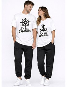 Resim Sevgili Kombini Oversize Çift Tişört Unisex Captain Anchor Baskıl Beyaz 