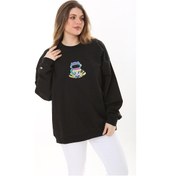 Resim Kadın Büyük Beden Siyah Pamuk Kumaş Nakışlı Sweatshirt 65n37617-siyah Siyah 